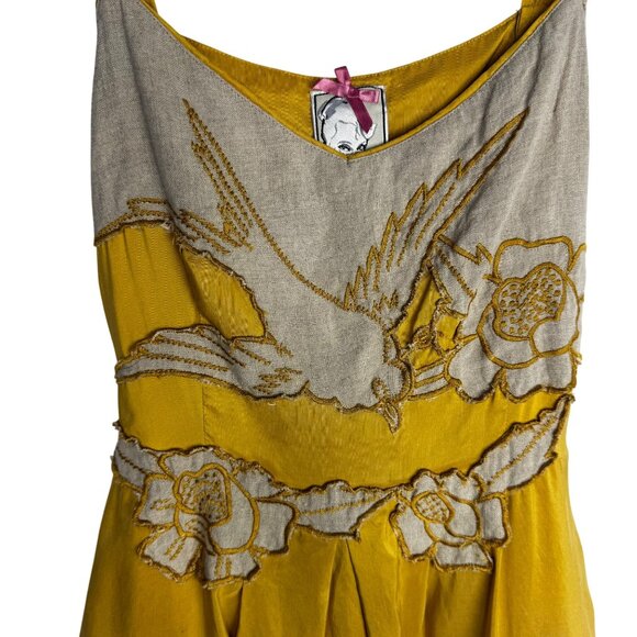 Yoana Baraschi Yellow Silk Sz 10 Sundress Bird & Floral Embroidery Boho Fairy - Picture 3 of 12